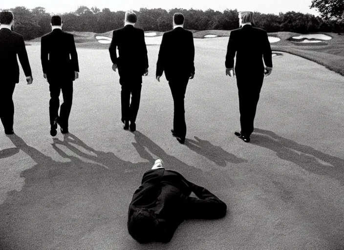 Image similar to criminal Donald Trump taken away by two young FBI agents at golf course, photo by Alex Webb