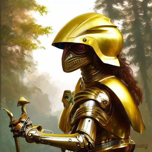 Image similar to photo of a humanoid chameleon dressed in armor with a golden helmet on the head, hold sword in the forest, highly detailed, digital painting, artstation, smooth, sharp focus, illustration, art by artgerm and greg rutkowski and alphonse mucha