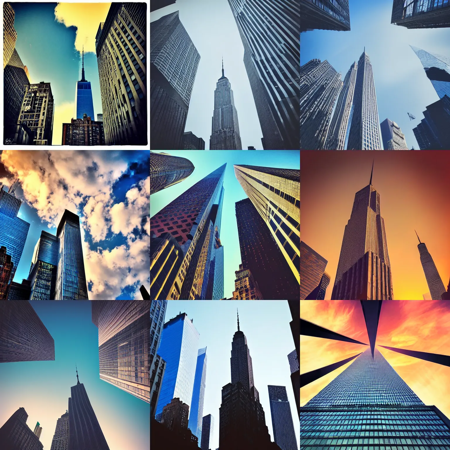 Prompt: low angle shot, vanishing point, skyscraper in new york city, atmospheric, sunset, award winning photo