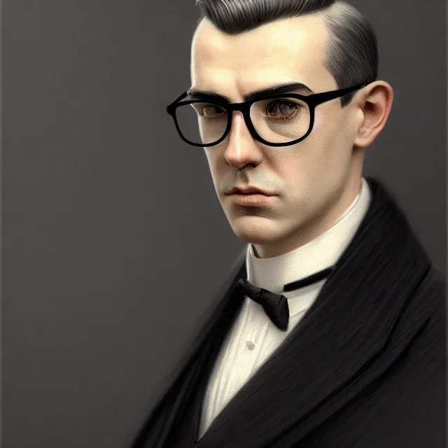 Prompt: portrait of a 1 9 2 5 lawyer, clean shaven, no hat, thin round glasses, dark, brooding, atmospheric lighting, intricate, ultra detailed, well composed, best on artstation, cgsociety, epic, stunning, gorgeous, intricate detail, wow, masterpiece