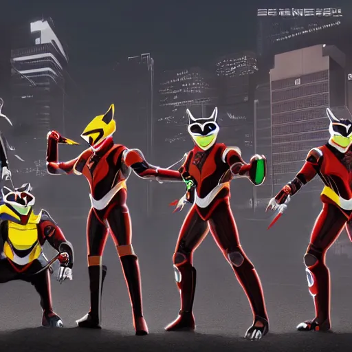 Image similar to a super sentai team of racoons wearing cybernetic ninja gear, hyperrealistic, digital art, cyberpunk, 4 k