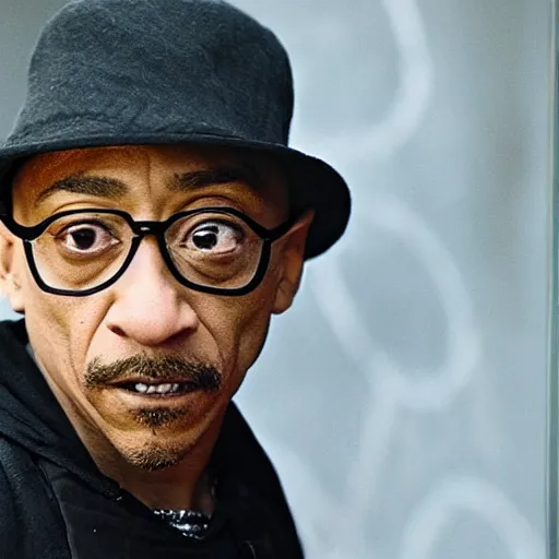 Image similar to Giancarlo esposito dressed like a mexican thug, black bandana covering mouth, blurry still