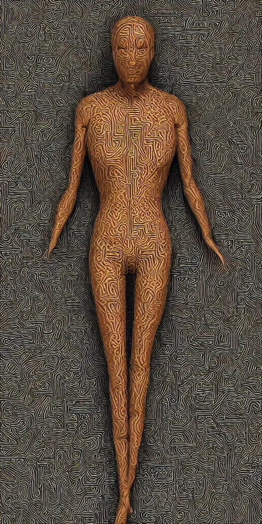 Image similar to : human with maze pattern skin all over hyper detailed art station  dalle2 3d render unity gigapixel  unrealengine trending on artstation,cinematic, hyper realism, high detail, octane render, 8k