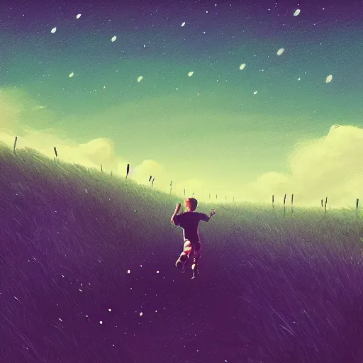 Prompt: boy running in the field surreal photography, dark night, stars, moon light, impressionist painting, clouds, digital painting, artstation, simon stalenhag