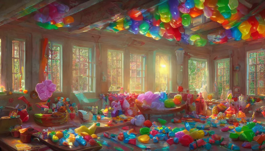 Image similar to house full of candies, sunlight through windows, hyperdetailed, artstation, cgsociety, 8 k