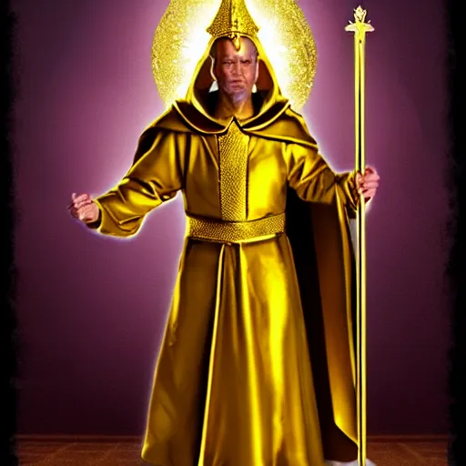 Prompt: a golden priest with a power and a scepter in his hands