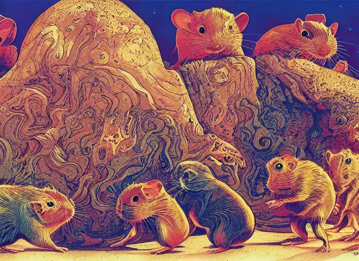 Image similar to psychedelic art of hamsters meeting god, in the style of michael whelan and james gurney and wayne barlowe