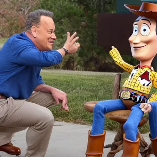 Prompt: tom hanks meeting woody from toy story in 2019