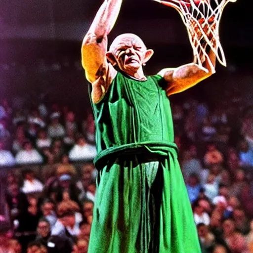 Prompt: master yoda scores a slam dunk in an nba basketball game, photo, hd, realistic, detailed, focused