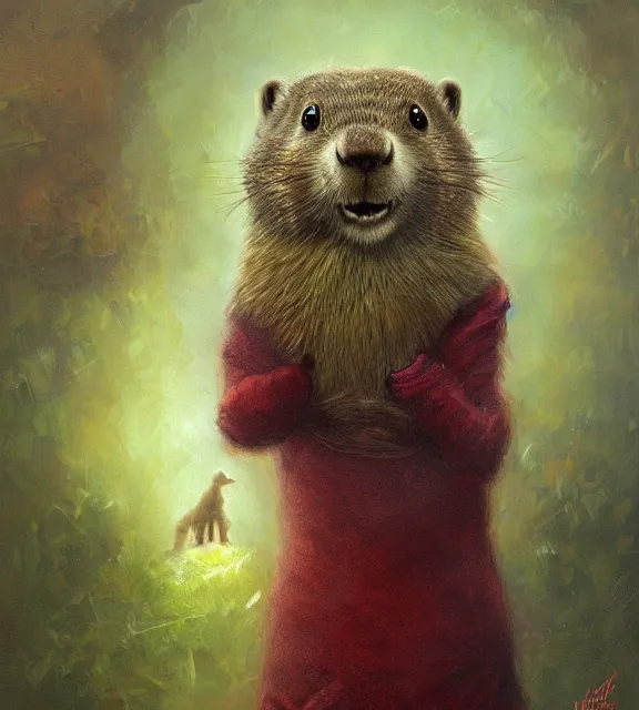 Prompt: cute anthropomorphic groundhog, cinematic, elegant, brown and maroon and green mist, highly detailed, psychedelic, digital painting, artstation, smooth, hard focus, illustration, art by jessica rossier and and brian froud