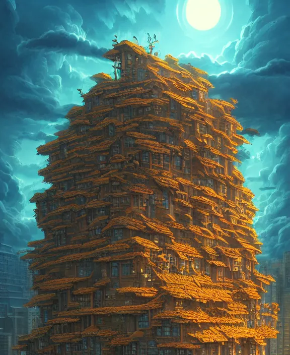 Prompt: a building made of exotic fungus, by dan mumford, yusuke murata, makoto shinkai, ross tran, cosmic, heavenly, god rays, intricate detail, cinematic, cel shaded, unreal engine, featured on artstation, pixiv