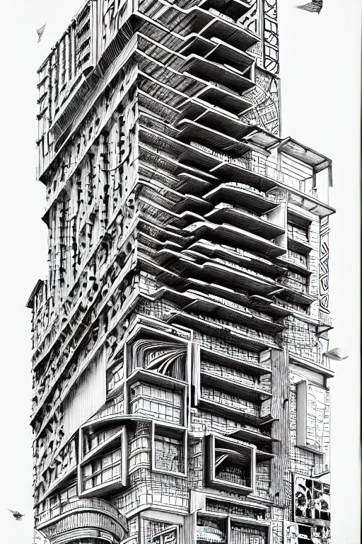 Image similar to a black and white drawing of a building, a detailed mixed media collage by hiroki tsukuda and eduardo paolozzi, intricate linework, sketchbook drawing, street art, polycount, deconstructivism, matte drawing, academic art, constructivism