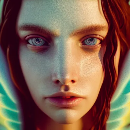 Image similar to portrait art of female angel, art by alessio albi 8 k ultra realistic, angel wings, lens flare, atmosphere, glow, detailed, intricate, full of colour, led lighting, trending on artstation, 4 k, hyperrealistic, focused, extreme details, unreal engine 5, masterpiece