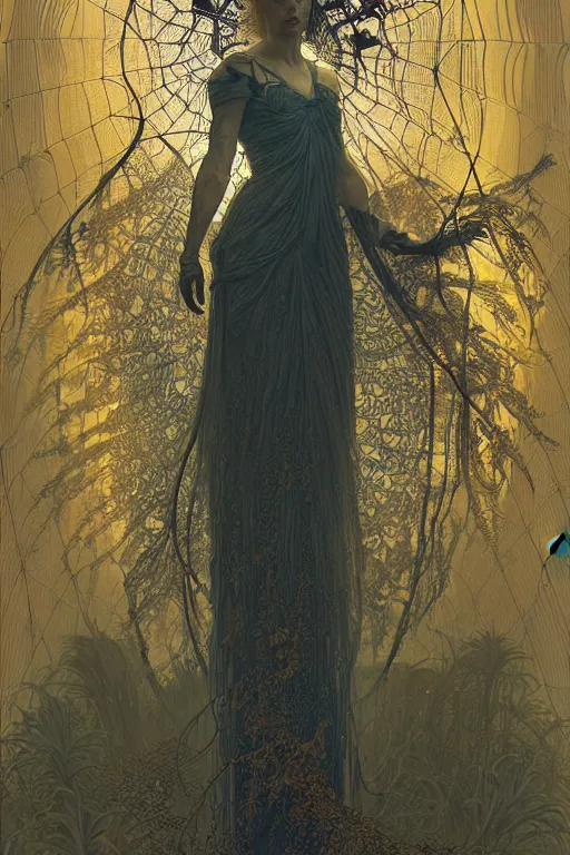 Prompt: an insanely detailed cell shaded vector art of a tall woman and the death, intricate detailed leaves, spiderweb, mycelia, by ruan jia, fantasy, hyper detailed, concept art, gold and ultramarine harmony palette, by greg rutkowski, by alphonse mucha