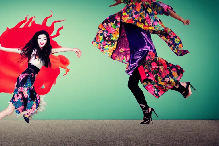 Prompt: photo, young woman running from monster, high heels, colorful kimono