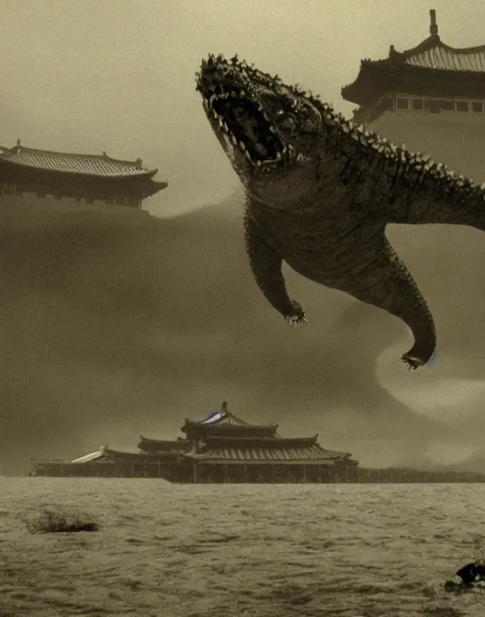 Image similar to a filmstill of a north korean monster movie, kaiju - eiga monster starfish - like trampling a traditional korean palace, foggy, film noir, video compression