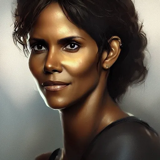 Image similar to “ portrait of halle berry by greg rutkowski, young, attractive, highly detailed portrait, scifi, digital painting, artstation, concept art, smooth, sharp foccus ilustration, artstation hq ”