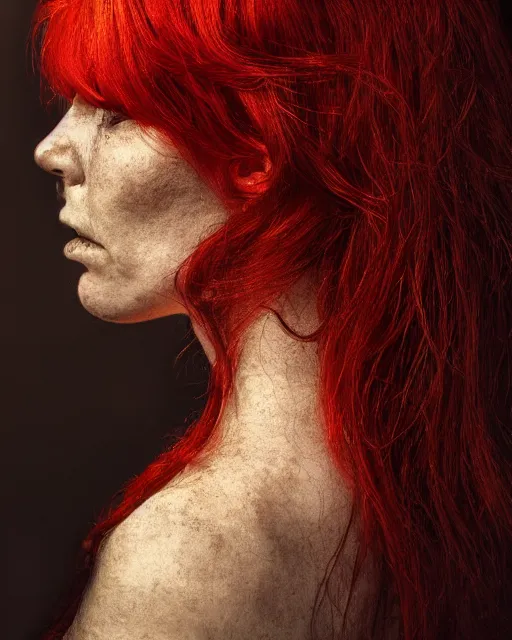 Image similar to a woman's face in profile, red hair, made of intricate lace skeleton, in the style of the dutch masters and gregory crewdson, dark and moody