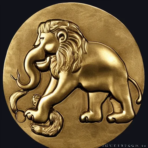 Prompt: gold lion with elephant trunk