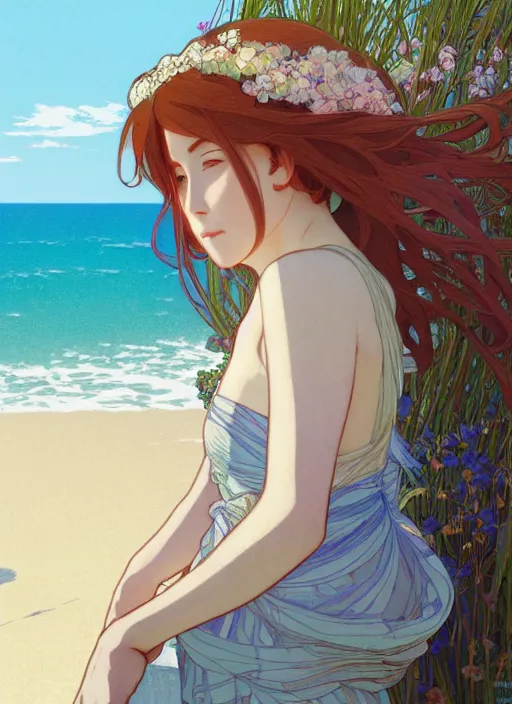 Image similar to pretty young woman leaning against the railing at the beach, path traced, highly detailed, high quality, digital painting, by studio ghibli and alphonse mucha, leesha hannigan, makoto shinkai, disney