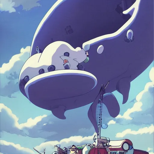Image similar to huge white space whale, Miyazaki style, Studio Ghibli,moving castle, canvas, oil, animation, ultra details, very very very very wonderful
