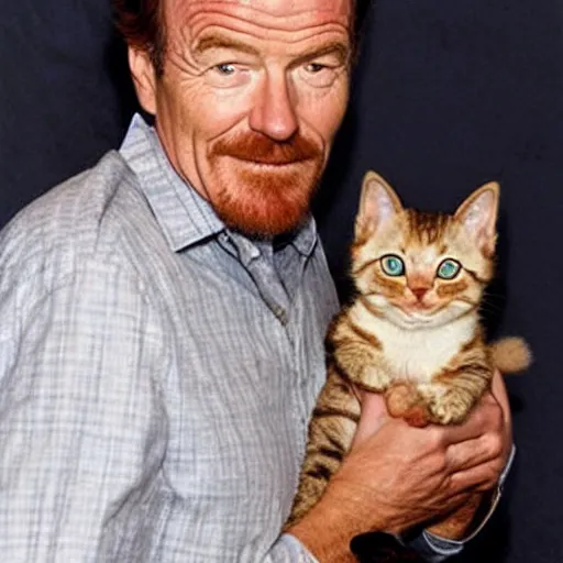 Prompt: Bryan Cranston holding a kitty, photo