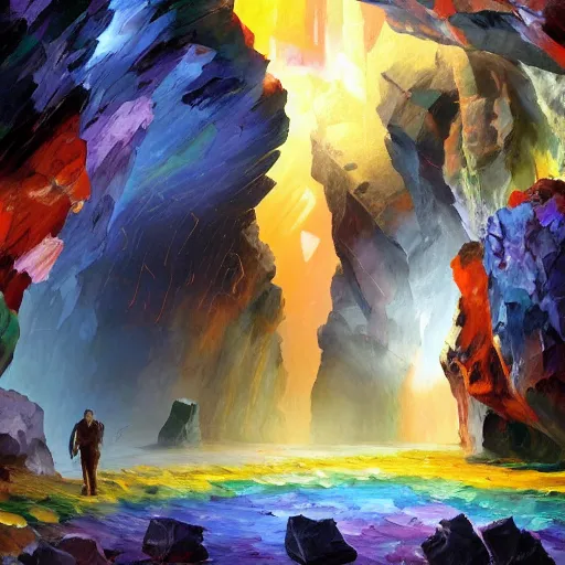 Image similar to A huge cave full of rainbow color crystals and gems on the ground, and stuck to the walls made of huge grey boulders, very dark, midnight, oil painting by Afremov and Greg Rutkowski.