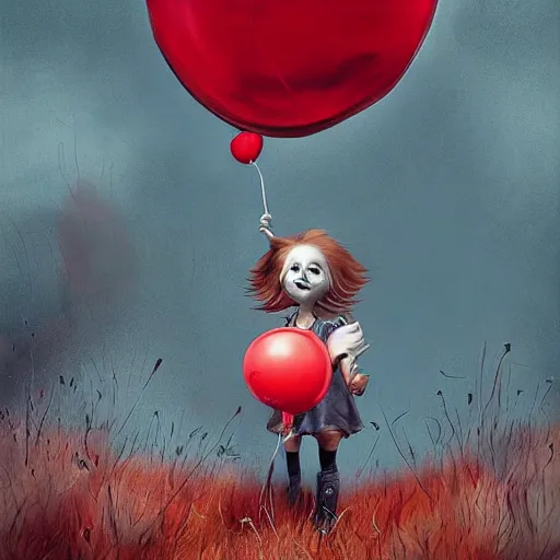 Image similar to grunge cartoon landscape painting of bilie eilish with a wide smile and a red balloon by - michal karcz, loony toons style, pennywise style, horror theme, detailed, elegant, intricate