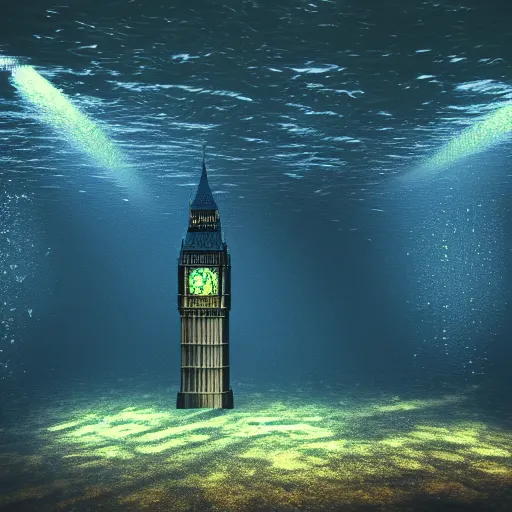 Prompt: underwater Big Ben, deep underwater, fish shoal, concept art in style of Greg Rutkowki, dynamic moody lighting, 4k, very highly detailed, hyper realistic