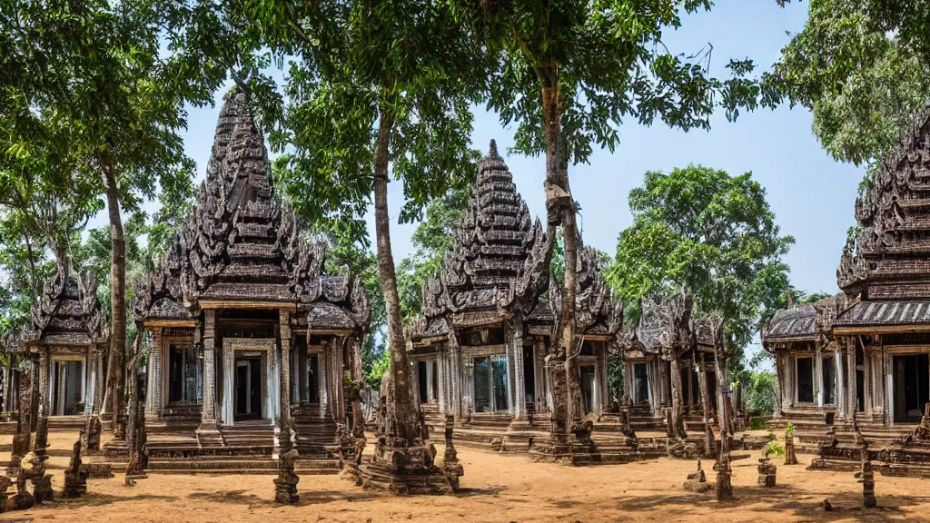 Prompt: tall silver cambodian temple pagoda village, bubble glass windows with ornate gothic frames, solar panels, sunny day, strangler fig, khmer architecture, cinematic, solar punk