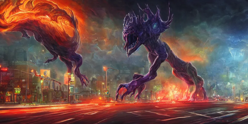 Prompt: Horrific cosmic beast emerges from a dimensional rift in a busy city intersection, detailed oil painting, 3d perspective, cinematic lighting, day, hyperrealistic