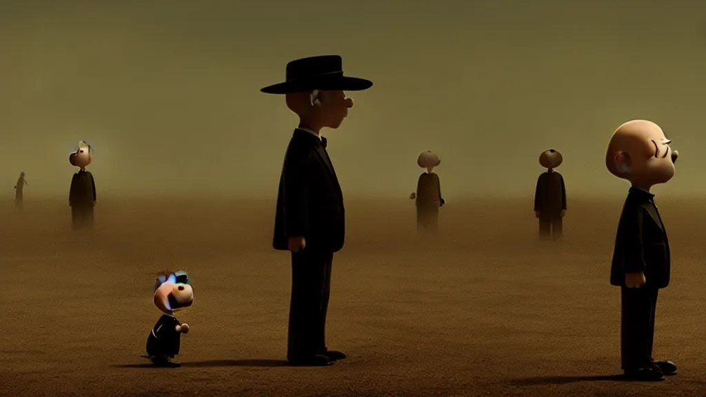 Image similar to the peanuts blinders, film still from the movie directed by denis villeneuve with art direction by zdzis