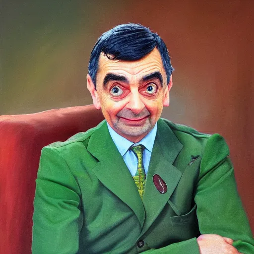 Prompt: an oil painting of mr bean as masterchief, 8k