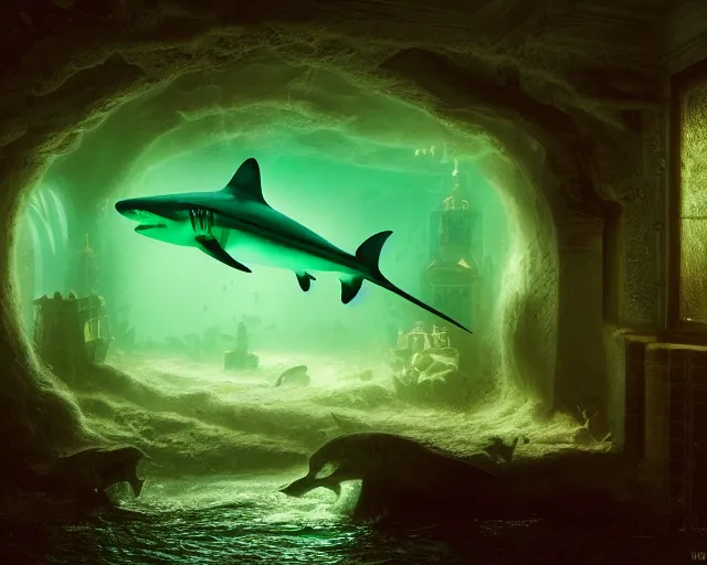 Prompt: 5 5 mm photo of a large translucent backlit green grave with a shark swimming inside. magical atmosphere. art by greg rutkowski. highly detailed 8 k. intricate. lifelike. soft light. nikon d 8 5 0.