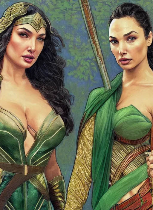 Image similar to lindsey pelas and gal gadot wearing a green kebaya, javanese art, digital painting, artstation, concept art, sharp focus, illustration, art by artgerm and greg rutkowski and alphonse mucha