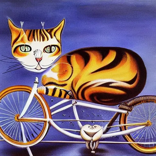 Image similar to a cat riding a bicycle, painting by salvador dali