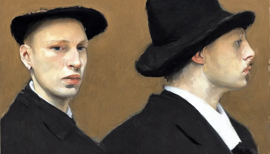 Image similar to painting by borremans, man agent in a black coat and black hat, detailed, stunning