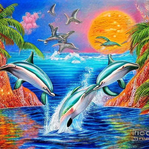Image similar to dolphins leaping out of water in bay with sandy beach and palm trees, beautiful detailed painting in the style of josephine wall 4 k
