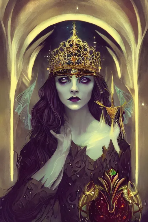 Image similar to jeweled crown, other worldly, fairy necromancer court, bones, art nouveau, by anato finnstark, tom bagshaw, brom