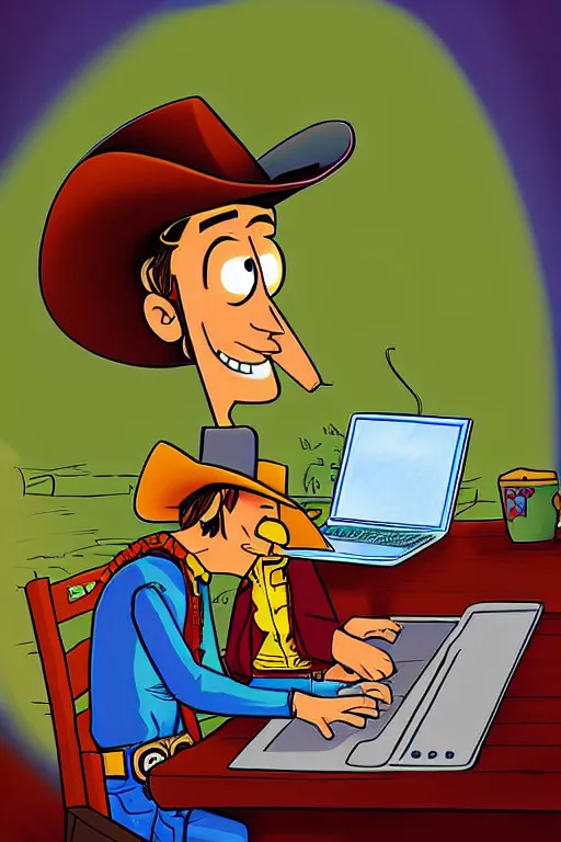 Prompt: illustration for a story that reads : woody the cowboy is a tech - savvy dude. he spends his days working on a computer. he's happy to help when there's a glitch, and he knows just what to do., colorful, fantasy, pixar, childrens book illustration, sharp high detail, manga and anime ( 6 )