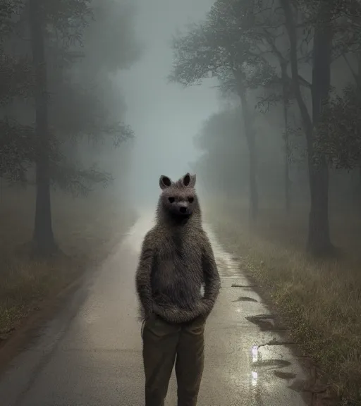 Image similar to foggy dirt road portrait of moderately stocky furry anthro anthropomorphic spotted hyena head animal person fursona wearing clothes horror gloomy digital art bokeh depth of field photo by Greg Rutkowski, Simon Stalenhag, christopher nolan trending on Artstation, CGSociety