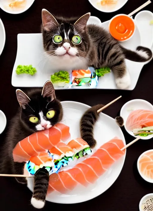 Image similar to clear photograph of cute cats eating sushi from sushi plates