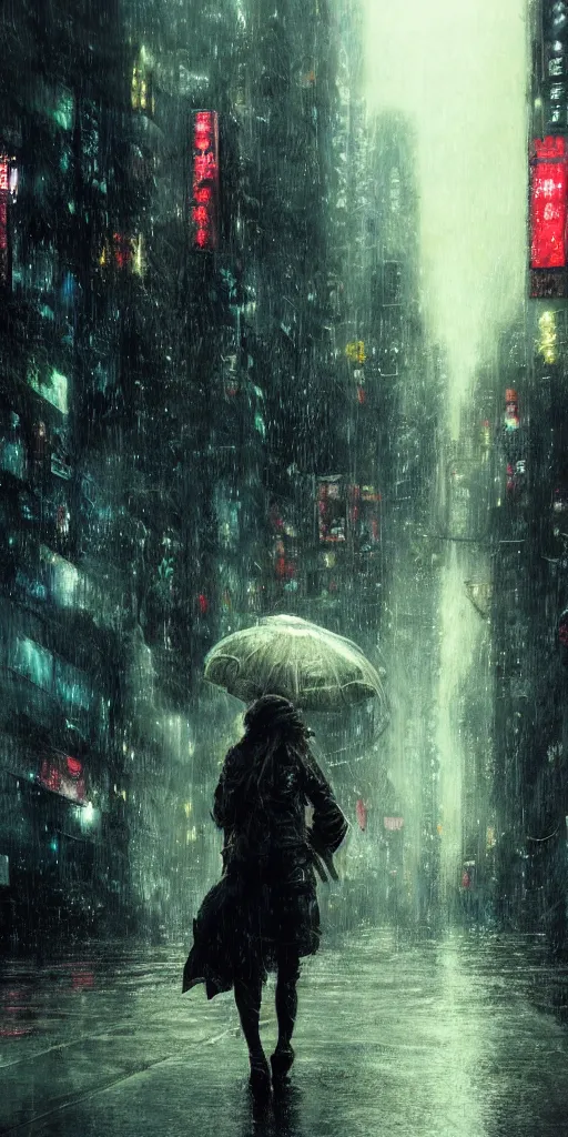 Image similar to a concept art landscape of a woman in the foreground, back to camera, standing in a claustrophobic neotokyo city, standing in the rain with an umbrella, wet, emphasis on tall buildings, dirty, low angle, neotokyo, japanese by greg rutkowski, highly detailed background, intricate