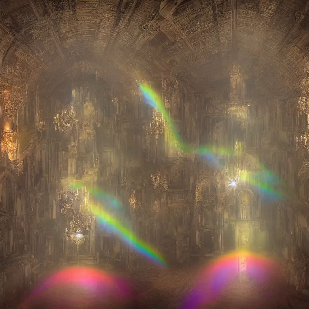 Image similar to rainbow caustics spirit in the central hall of a Victorian mansion, wide shot, dim lighting, light rays, volumetric lighting, silver plate photography, ghost