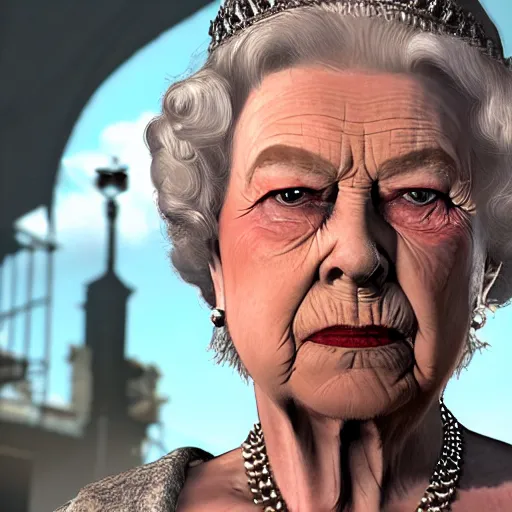 Image similar to Queen Elizabeth as an NPC in Dying Light, gameplay screenshot, insanely detailed face