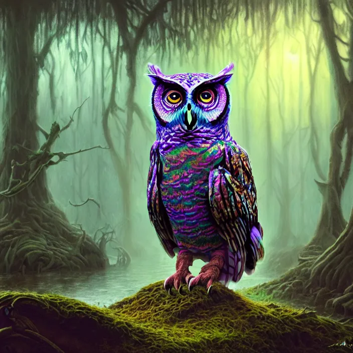 Image similar to psychedelic owl in haunted swamp, highly detailed, d & d, fantasy, highly detailed, digital painting, trending on artstation, concept art, sharp focus, illustration, oil on canvas, global illumination, ray tracing, realistic shaded, art by artgerm and greg rutkowski and fuji choko and viktoria gavrilenko and hoang lap