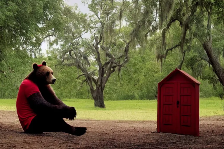 Image similar to grizzly wearing a red shirt sitting outside big tree with a red door by Roger Deakins