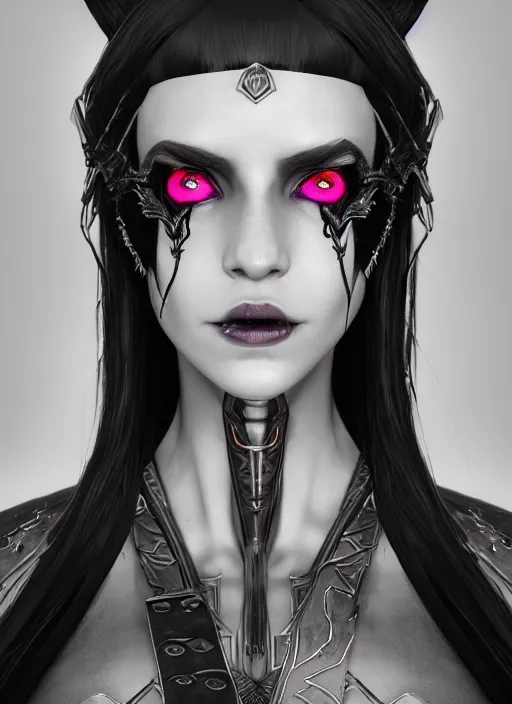 Prompt: a highly detailed beautiful and cgi matte painting of a cyber witch, dark sorcery, white eyes, dread, glowing magic sigils, nvidia octane, by ilya kuvshinov, artgerm, zbrush, trending on artstation