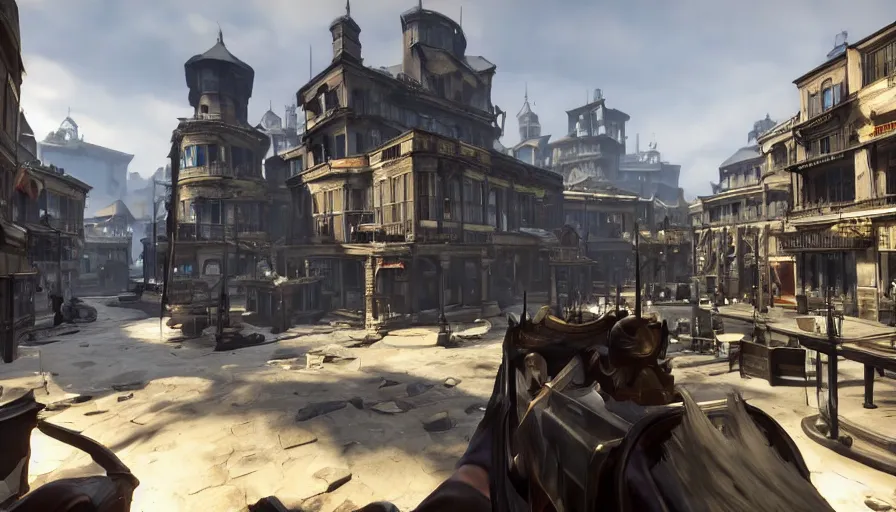 Image similar to first person view of a town square in the game dishonored, fantasy