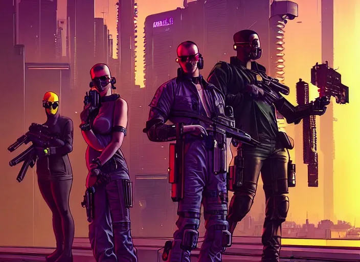 Prompt: cyberpunk cartel kill squad. portrait by stonehouse and mœbius and will eisner and gil elvgren and pixar. character design. realistic proportions. cyberpunk 2 0 7 7 character art, blade runner 2 0 4 9 concept art. cel shading. attractive face. thick lines. the team. diverse characters. shadowrun. artstationhq.